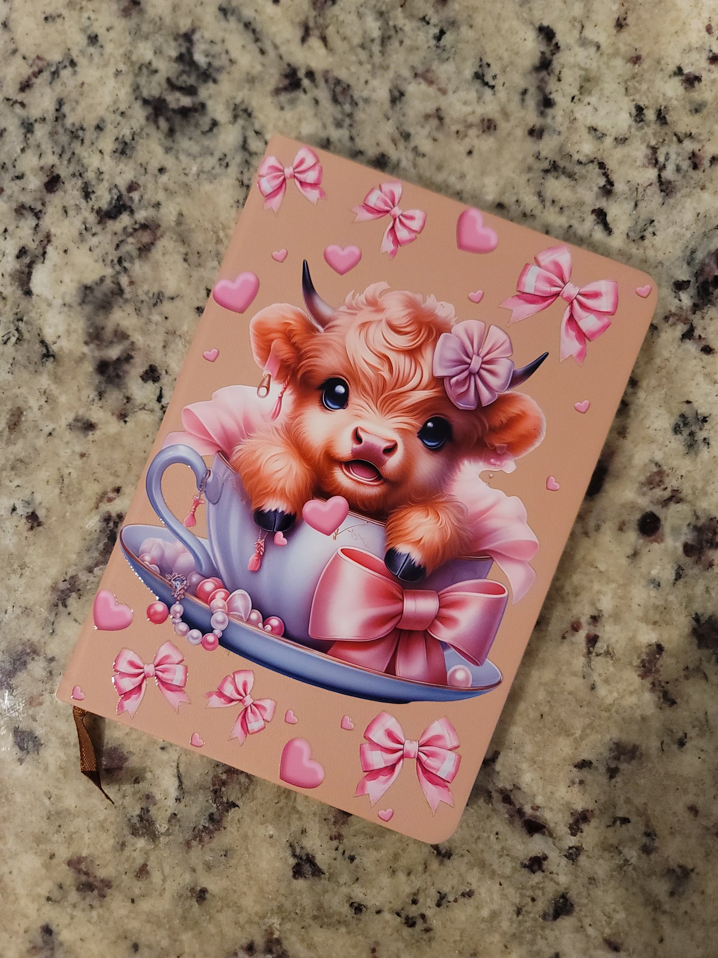 Pink Coquette Highland Cow A5 Notebook | Cute Tea Cup Hardcover Journal | Bow & Heart Cow Notebook | Gift for Cow Lovers