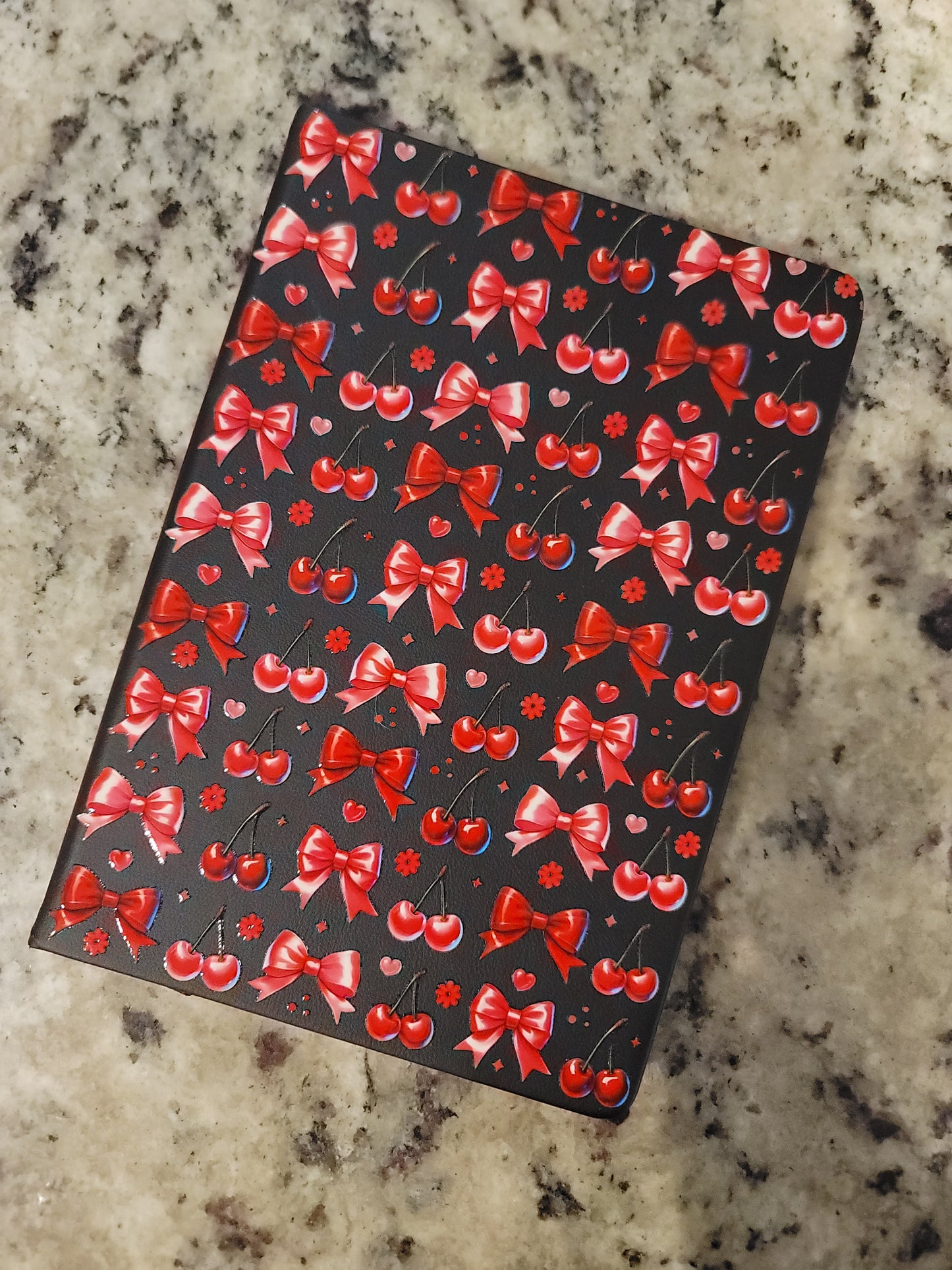 Cherry Coquette A5 Notebook | Black & Red Bow Hardcover Journal | Cute Cherry Pattern Notebook | Girly Writing Journal Gift