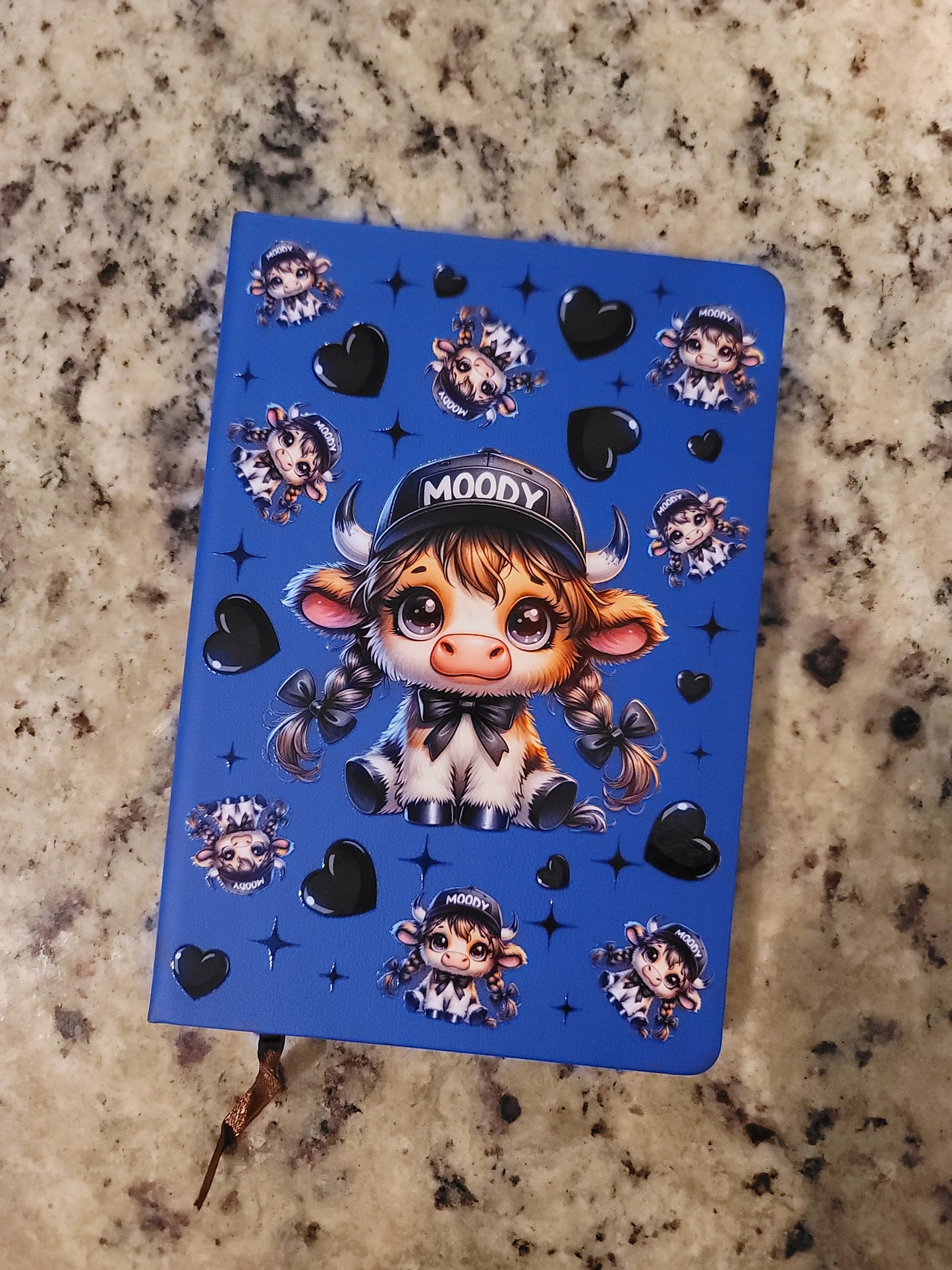 Moody Highland Cow A5 Notebook | Cute Blue Hardcover Journal | Cow Lover Writing Notebook | Kawaii Farm Animal Gift
