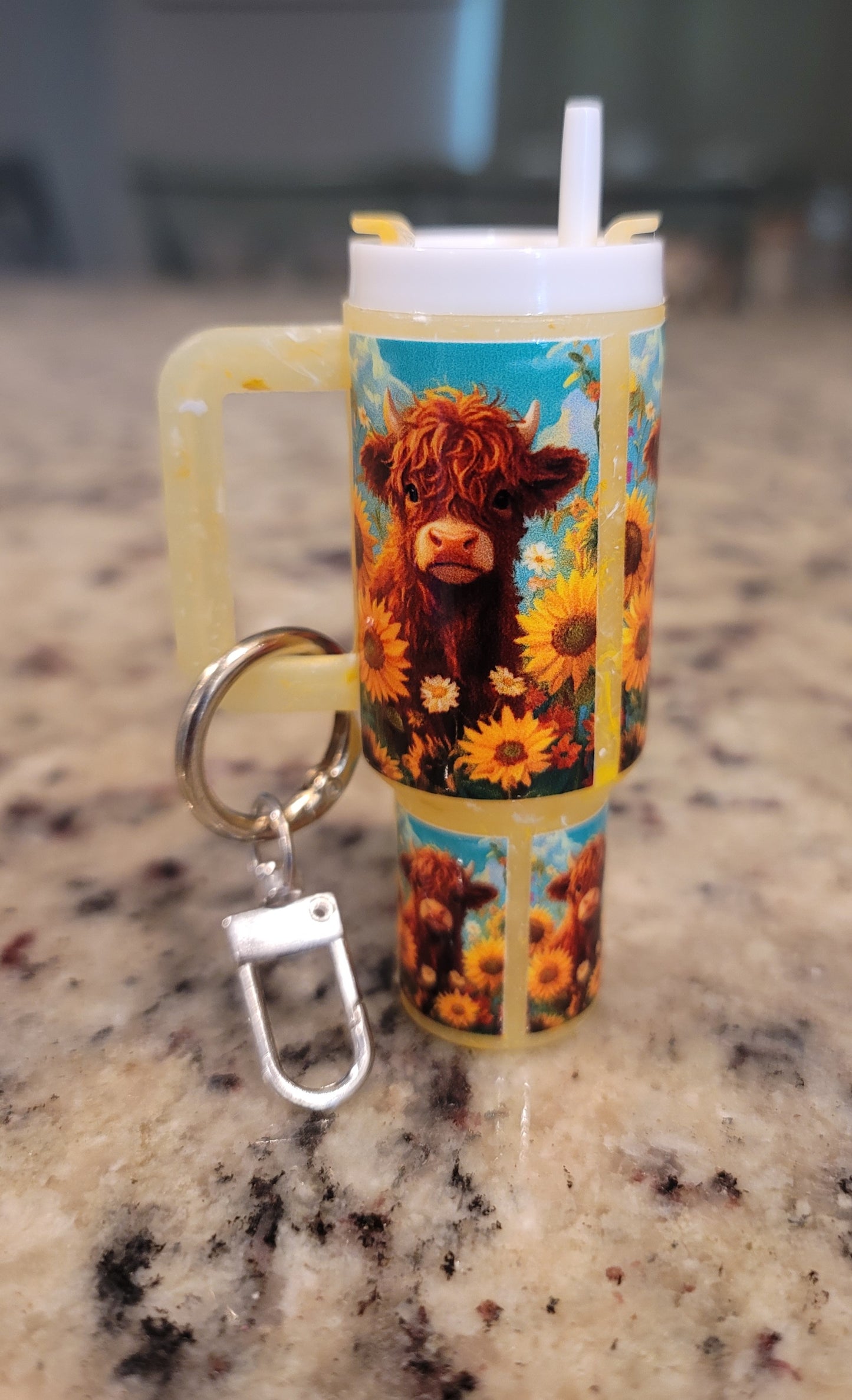 Sunflower Highland Cow Mini Tumbler Keychain | Cute Cow Lip Balm Holder | Farmhouse Purse Charm | Western Keychain Gift
