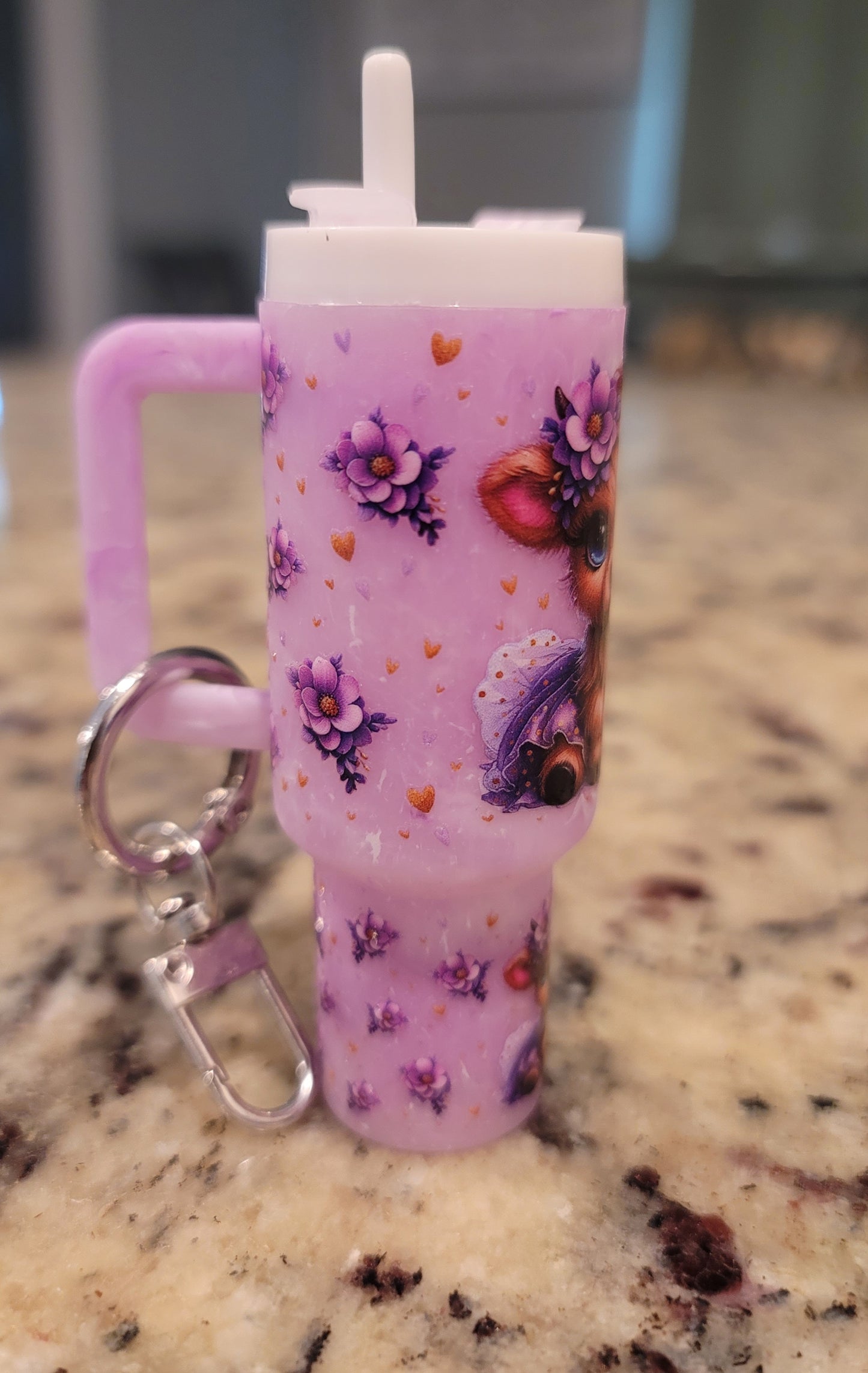Purple Highland Cow Mini Tumbler Keychain | Cute Cow Cup Charm | Floral Cow Keychain | Handmade Purse & Backpack Accessory | BNH Creations