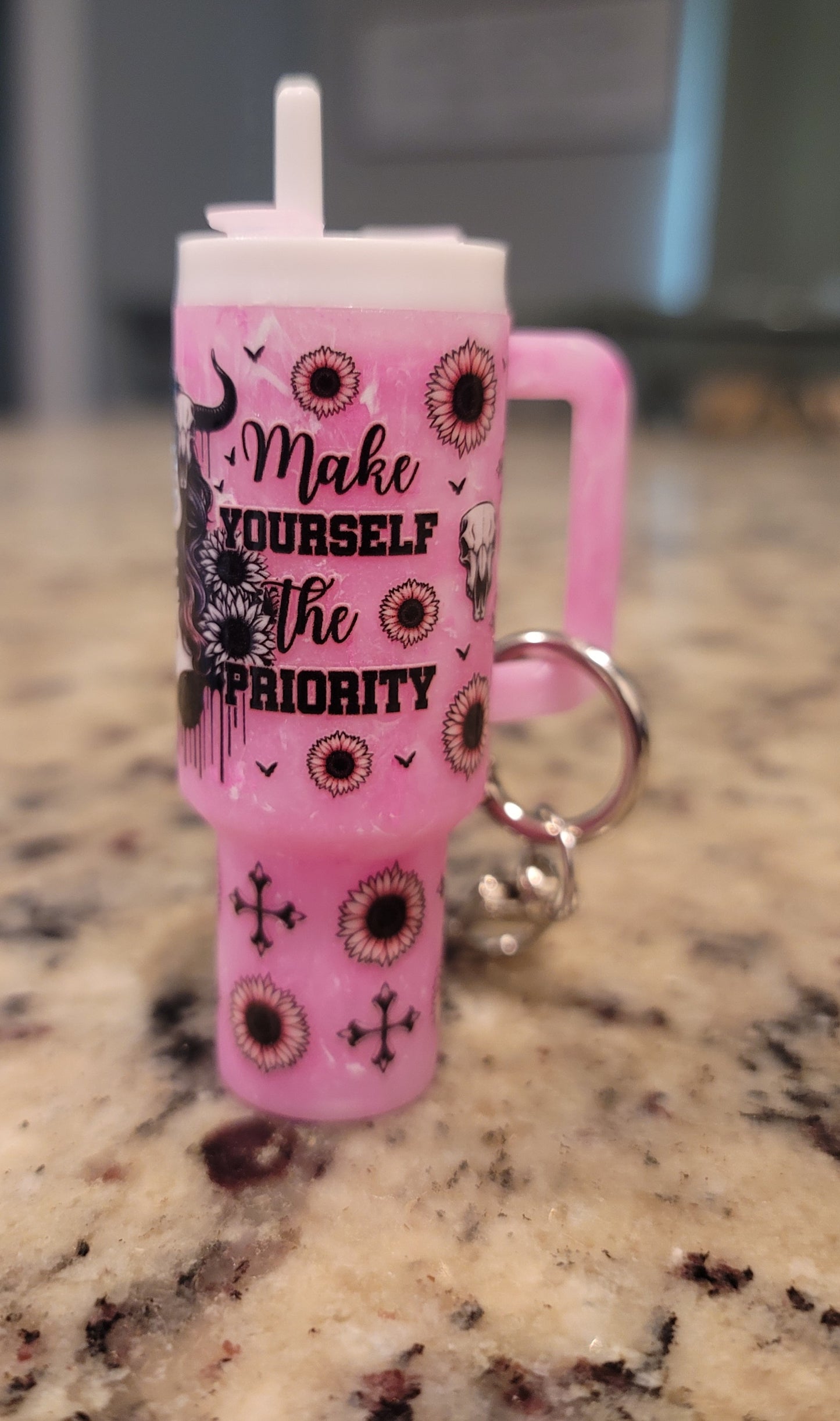 Pink Western Gothic Mini Tumbler Keychain | Inspirational Cup Charm | Floral Skull Keychain | Handmade Purse & Backpack Accessory | BNH Creations