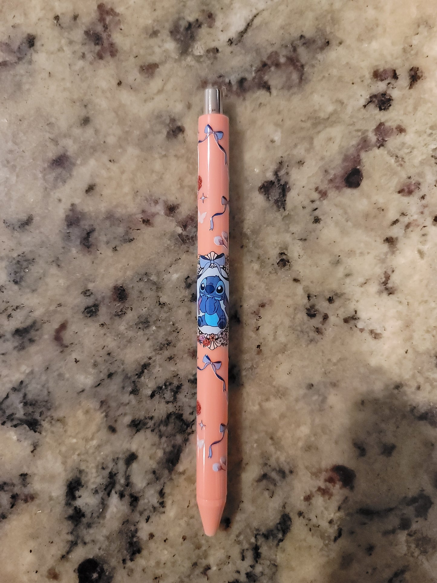 Cute Blue Alien Inspired UV DTF Wrapped Pen | Peach Coquette Ballpoint Pen | Kawaii Stationery Gift