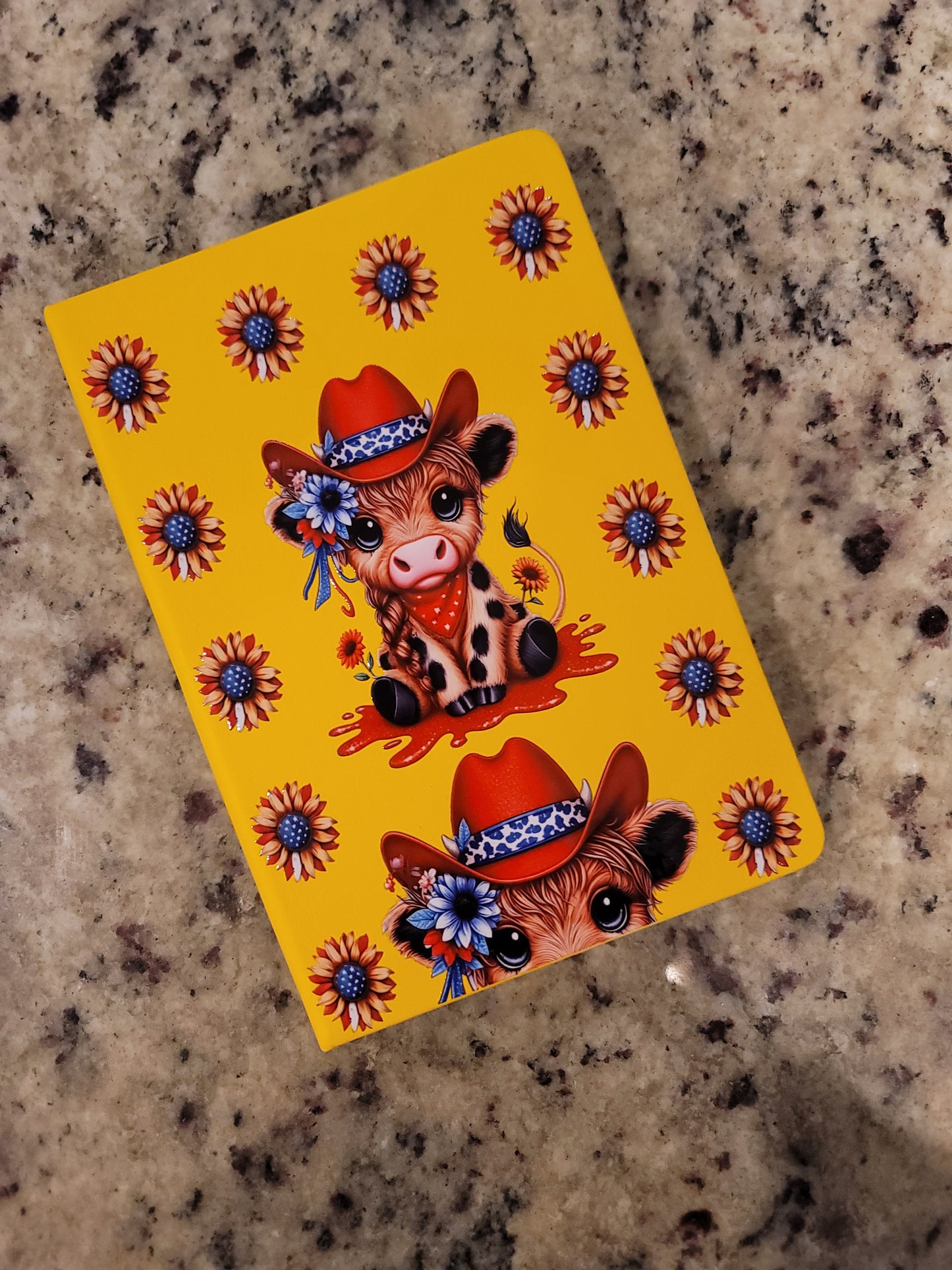 Patriotic Highland Cow A5 Notebook | Western Cowgirl Hardcover Journal | Sunflower & Red Hat Notebook | Cute Farm Animal Gift