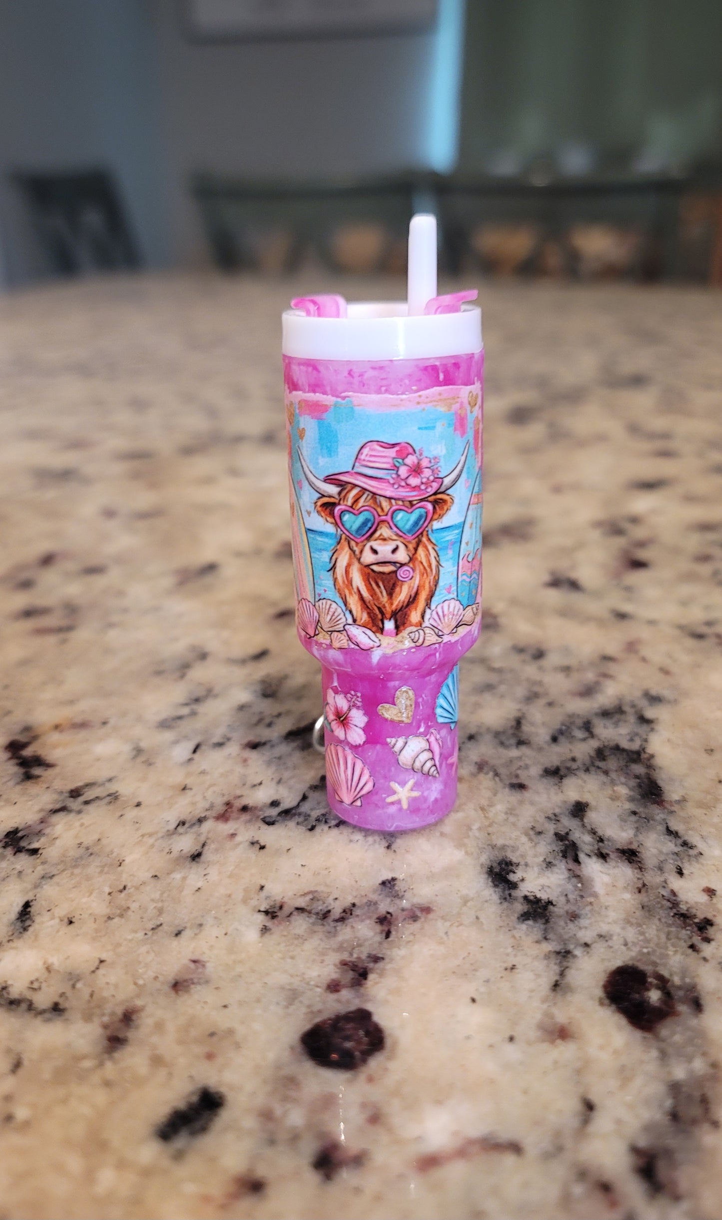 Beach Highland Cow Mini Tumbler Keychain Lip Balm Holder | Pink Cowgirl Chapstick Holder | Cute Western Summer Purse Accessory