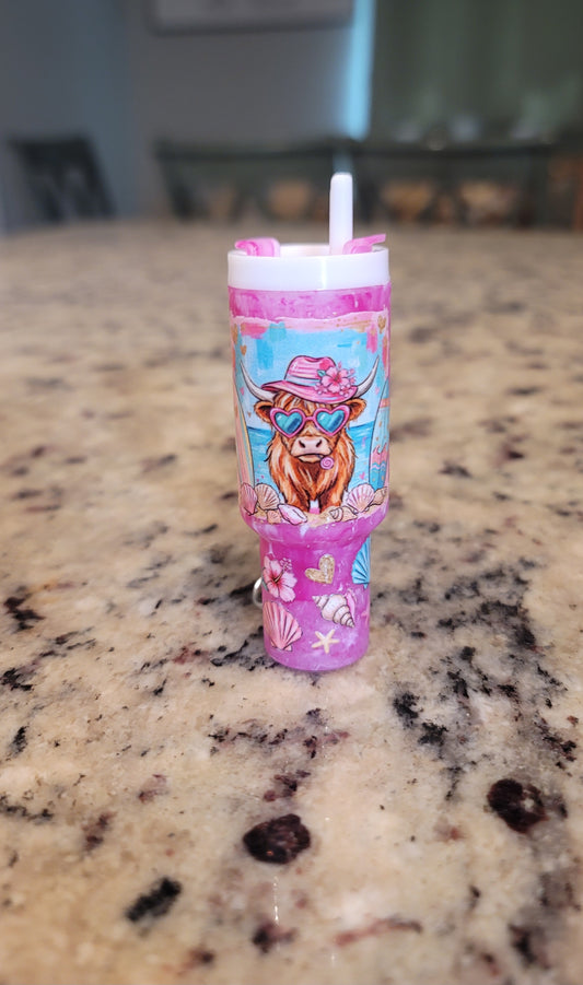 Beach Highland Cow Mini Tumbler Keychain Lip Balm Holder | Pink Cowgirl Chapstick Holder | Cute Western Summer Purse Accessory