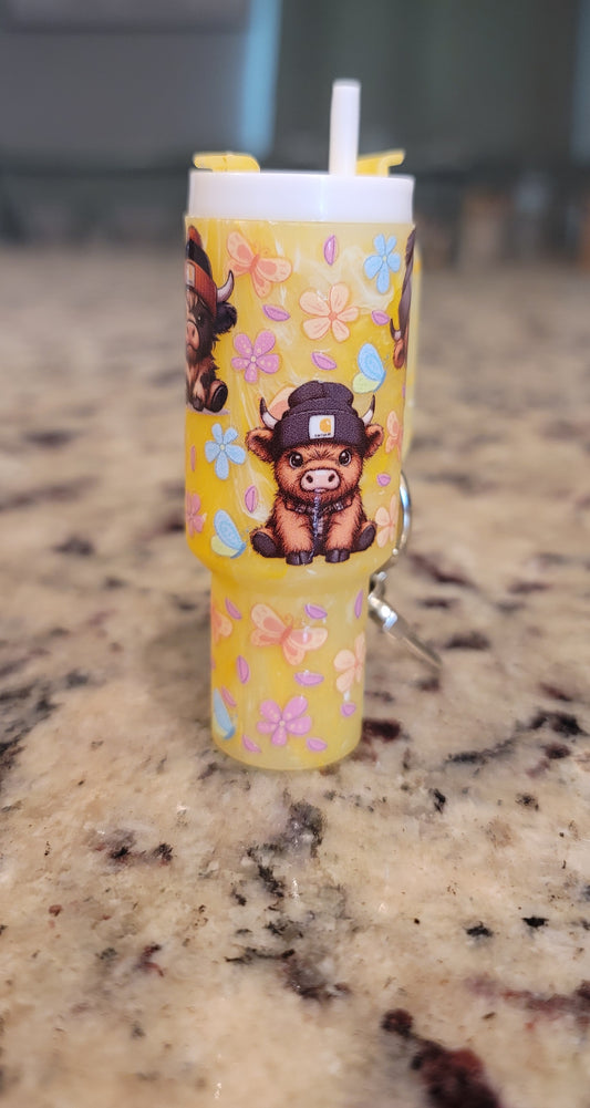 Yellow Highland Cow Mini Tumbler Keychain Lip Balm Holder | Cute Cow Chapstick Holder | Farmhouse Purse Accessory