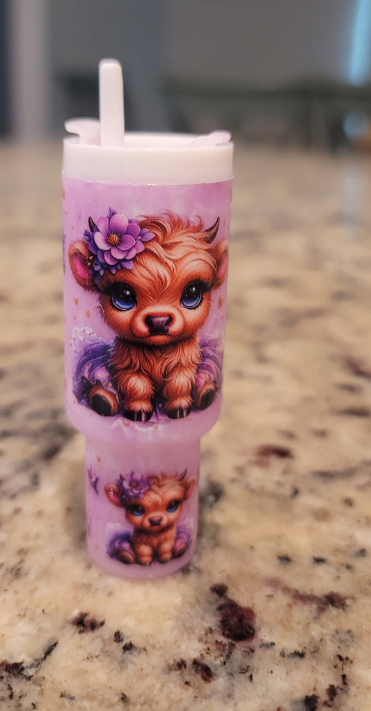 Purple Highland Cow Mini Tumbler Keychain | Cute Cow Cup Charm | Floral Cow Keychain | Handmade Purse & Backpack Accessory | BNH Creations