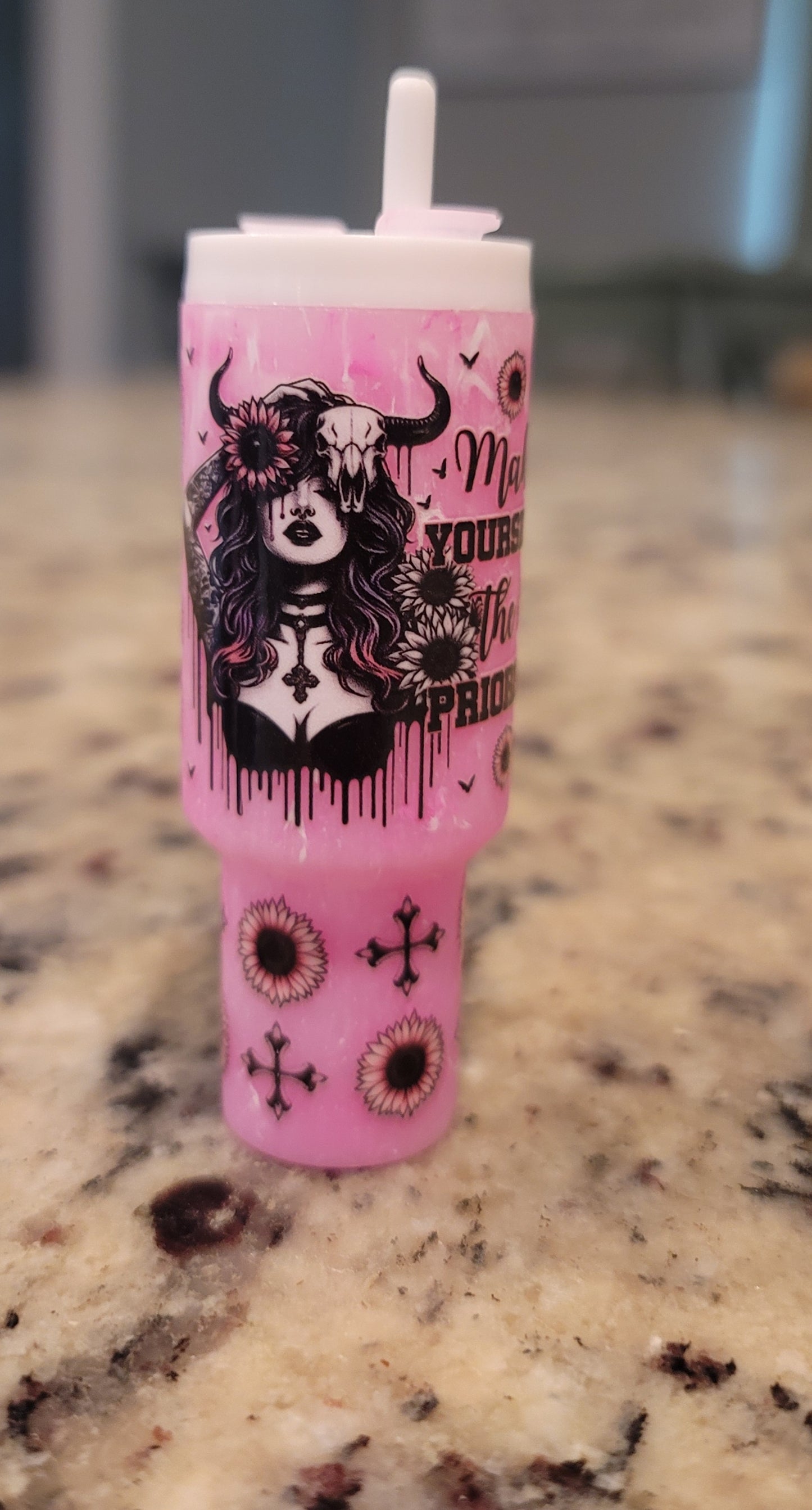 Pink Western Gothic Mini Tumbler Keychain | Inspirational Cup Charm | Floral Skull Keychain | Handmade Purse & Backpack Accessory | BNH Creations