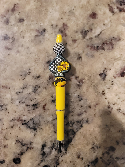 Sunflower Checkered Beaded Pen | Handmade Floral Ballpoint Pen | Refillable Silicone Bead Pen | Cute Desk Accessory | Teacher Gift