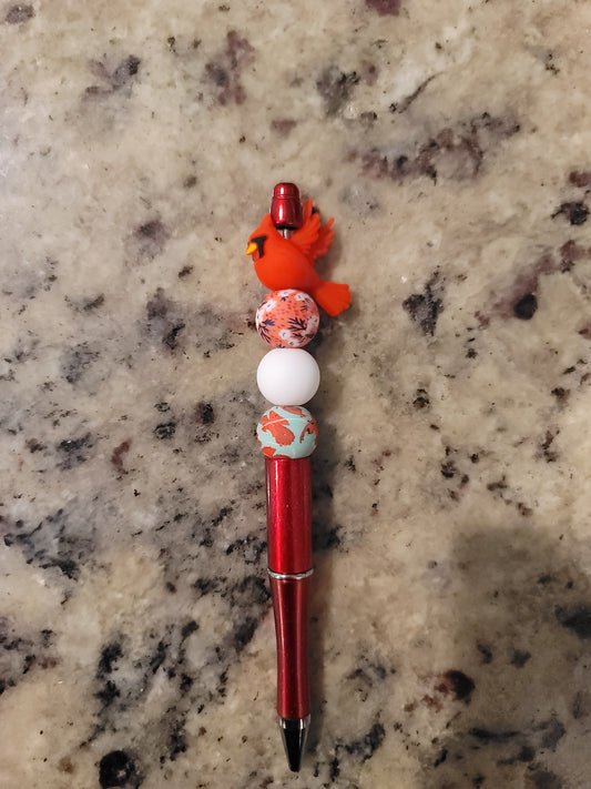 Cardinal Bird Beaded Pen | Handmade Nature Ballpoint Pen | Refillable Silicone Bead Pen | Bird Lover Gift & Desk Accessory