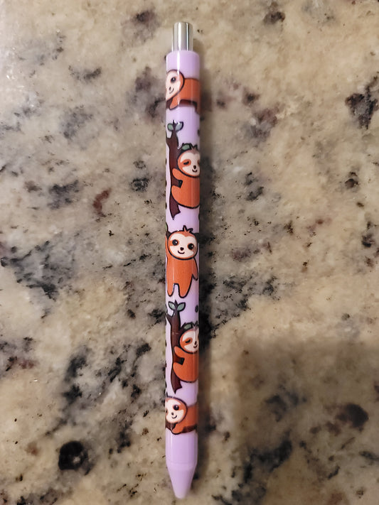 Cute Sloth UV DTF Wrapped Pen | Kawaii Animal Retractable Ballpoint Pen | Adorable Stationery Gift | Black Ink Pen