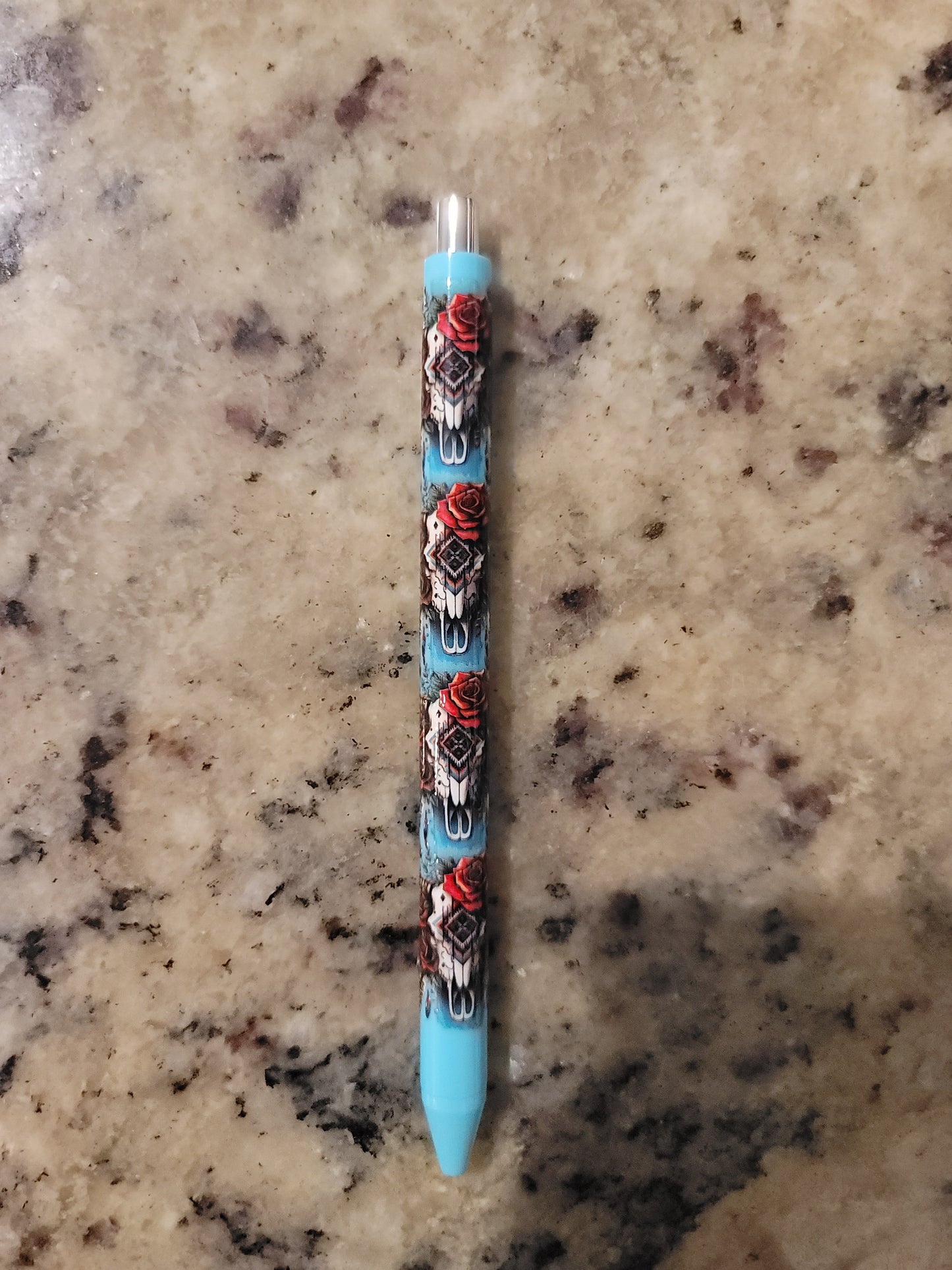 Western Cow Skull & Red Rose UV DTF Wrapped Pen | Rustic Boho Ballpoint Pen | Turquoise Retractable Black Ink Pen