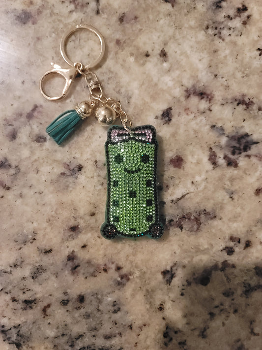 Green Pickle Rhinestone Purse Buddy | Glitter Bag Charm | Cute Keychain | Sparkly Backpack Charm | Fun Purse Accessory